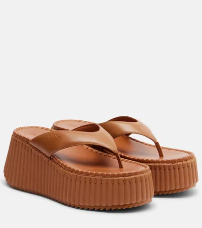 Chloé Nama Leather Platform Thong Sandals In Brown
