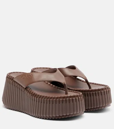 Chloé Nama Leather Platform Thong Sandals In Brown