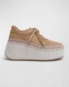 Chloé Nama Mixed Leather Stitch Platform Sneakers In 6l6 Tan Rose