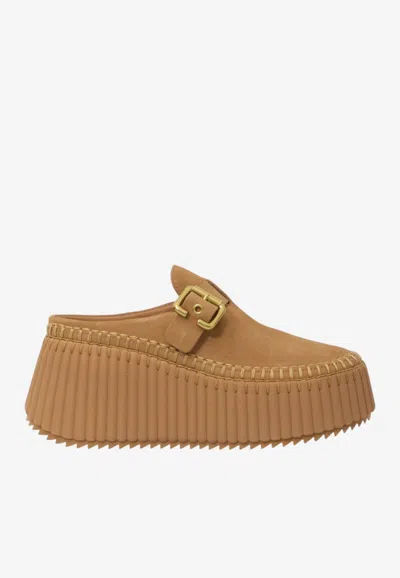 Chloé Nama Platform Wedge Mules In Brown