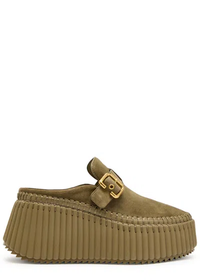 CHLOÉ CHLOE NAMA PLATFORM WEDGE SUEDE MULES