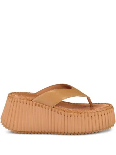 Chloé Nama 80 Leather Platform Thong Sandals In Brown