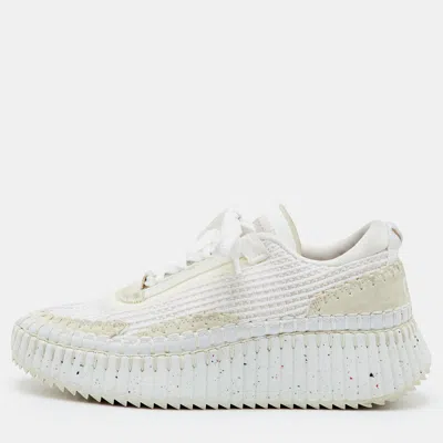 Pre-owned Chloé Nama Size 37 Off White/cream Knit Fabric And Suede Low Top Sneakers
