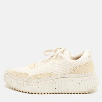 Pre-owned Chloé Nama Size 40 Off White/cream Knit Fabric And Suede Low Top Sneakers