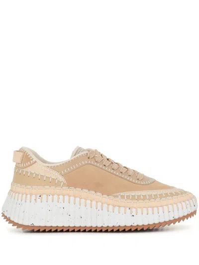 Chloé Nama Embroidered Suede And Recycled-mesh Sneakers In Blossom Beige