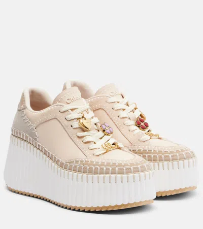 Chloé Nama Canvas And Leather Platform Sneakers In Neutral