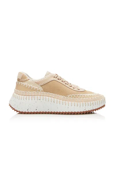 Chloé Nama Embroidered Suede And Recycled-mesh Sneakers In Blossom Beige