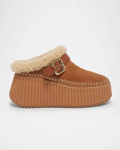 CHLOÉ NAMA SUEDE SHEARLING-LINED PLATFORM CLOGS