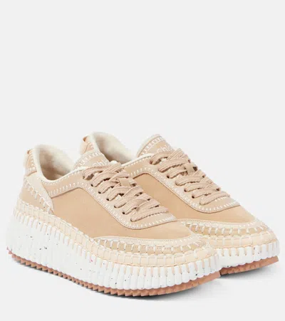 Chloé Nama Embroidered Suede And Recycled-mesh Sneakers In Blossom Beige