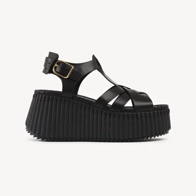 Chloé Sandales Compensées Nama Femme Noir Taille 40 100% Cuir De Veau In Black