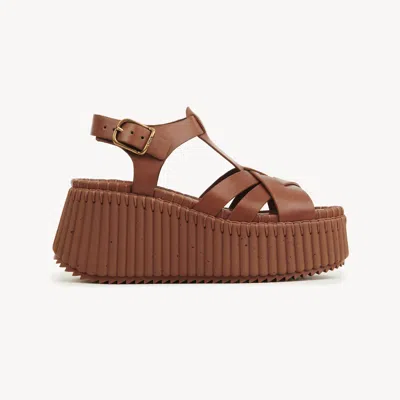 CHLOÉ NAMA WEDGE SANDAL BROWN SIZE 6 100% BOVINE LEATHER