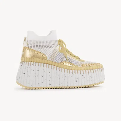 CHLOÉ NAMA WEDGE SNEAKER GOLD SIZE 6 65% POLYESTER, 35% POLYURETHANE