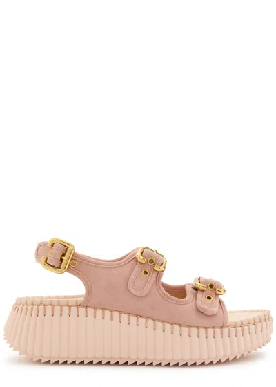 Chloé Chloe Nama Whipstitched Suede Wedge Sandals In Pink