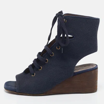 Pre-owned Chloé Navy Blue Canvas Lace Up Open Toe Wedge Booties Size 37