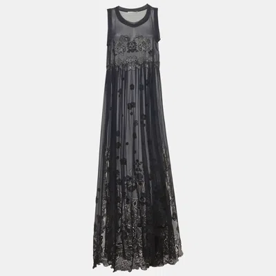 Pre-owned Chloé Navy Blue Chiffon Embroidered Maxi Dress M
