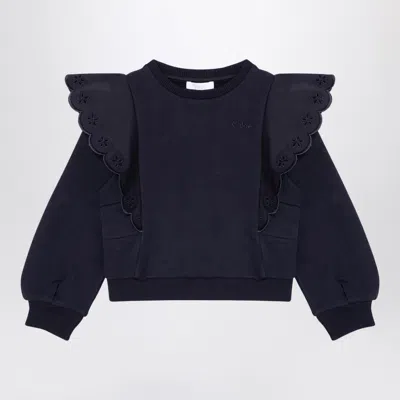 CHLOÉ CHLOÉ NAVY BLUE COTTON SWEATSHIRT WITH RUFFLES