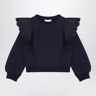 CHLOÉ NAVY BLUE COTTON SWEATSHIRT WITH RUFFLES