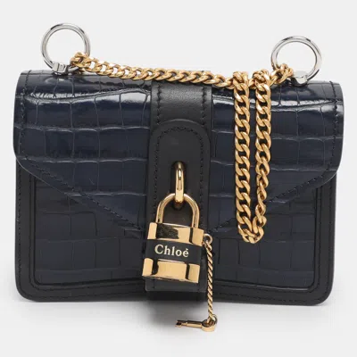 Pre-owned Chloé Navy Blue Croc Embossed Leather Mini Aby Shoulder Bag
