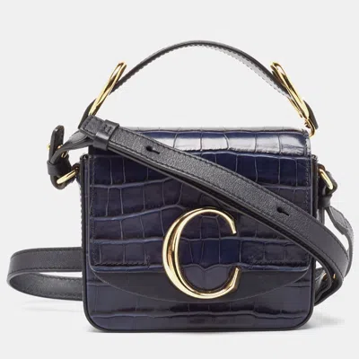 Pre-owned Chloé Navy Blue Croc Embossed Leather Mini C Top Handle Bag