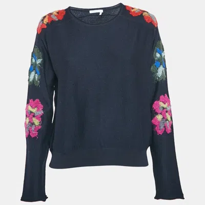 Pre-owned Chloé Navy Blue Floral Embroidery Wool Sweater M