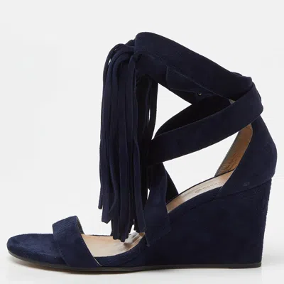 Pre-owned Chloé Navy Blue Suede Cross Strap Fringe Detail Wedge Sandals Size 36
