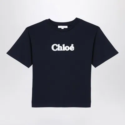 Chloé Kids' Navy Blue T-shirt With Logo Embroidery