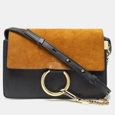 Pre-owned Chloé Navy Blue/mustard Leather And Suede Small Faye Shoulder Bag