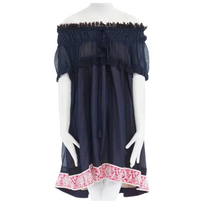 Pre-owned Chloé Chloe Navy Embroidery Lace Trim Off Shoulder Boho Dress Fr36 S In Blue