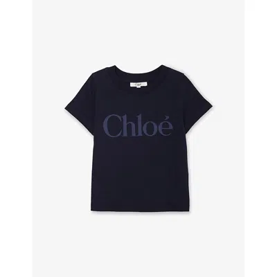 Chloé Kids' Navy Logo-print Short-sleeve Cotton T-shirt 4- In Black