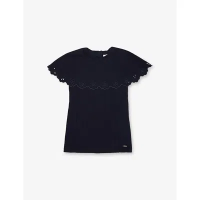 CHLOÉ NAVY SCALLOP-TRIM SHORT-SLEEVE COTTON DRESS 4-14
