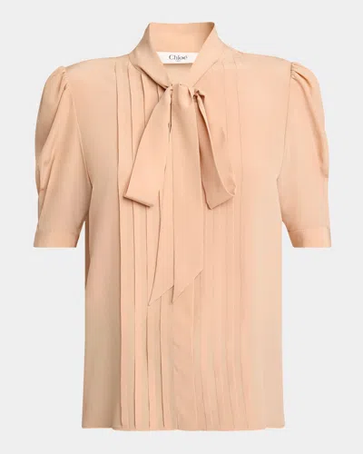 CHLOÉ NECK-TIE PLEATED PUFF-SLEEVE SILK TOP