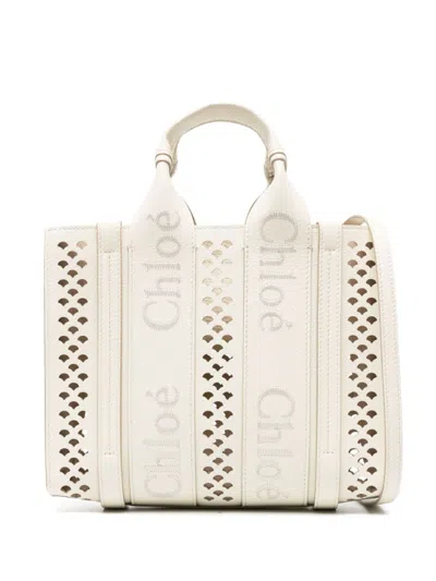 Chloé Small Woody Leather Tote Bag In White