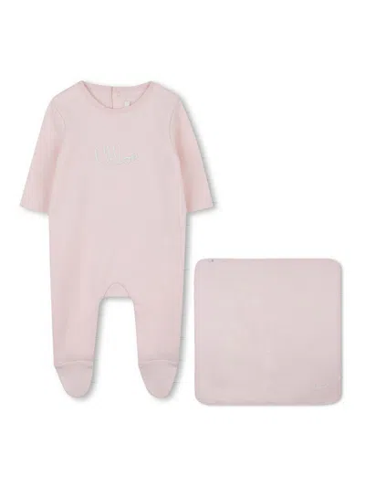 Chloé Newborn Set With Embroidered Logo In Pink