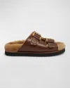 Chloé Nil Leather Shearling Dual-buckle Sandals In Sooty Brown