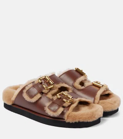 Chloé Nil Shearling-lined Leather Sandals In Brown