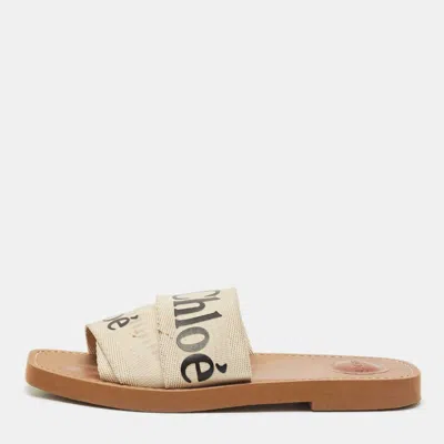 Pre-owned Chloé Off White Canvas Logo Ribbon Woody Flat Slide Sandals Size 37