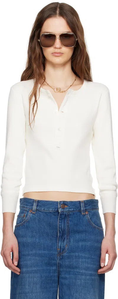 Chloé Off-white Cotton Jersey Henley In 107 Iconic Milk