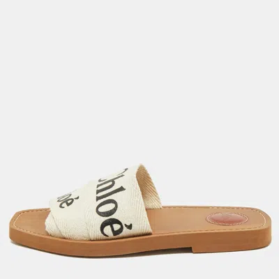 Pre-owned Chloé Off White Logo Print Canvas Woody Flat Slides Size 37