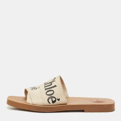 Pre-owned Chloé Off White Logo Print Canvas Woody Flat Slides Size 38