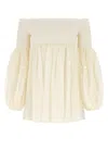 Chloé Ruched-bodice Off-shoulder Wool Top In Off White