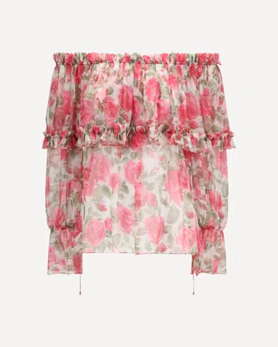 Chloé Off-shoulder Floral Print Silk Top In Pink
