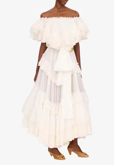 Chloé Off-shoulder Maxi Ruffled Dress In Neutral