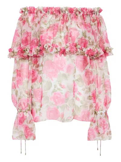 Chloé Off-the-shoulder Puff-sleeve Top In Silk Mousseline In Pink