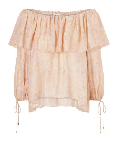 Chloé Off-the-shoulder Ruffled Floral-print Silk-charmeuse Blouse In Brown