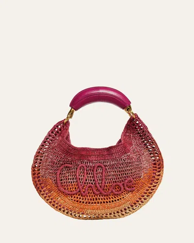 Chloé Summer Banana Leather-trimmed Embroidered Raffia Tote In Burgundy