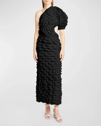 Chloé One-shoulder Long Fitted Dress With Knit Ruffles In Black