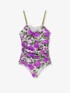 Chloé Bow-detailed Ruched Lace-trimmed Floral-print Swimsuit In Purple