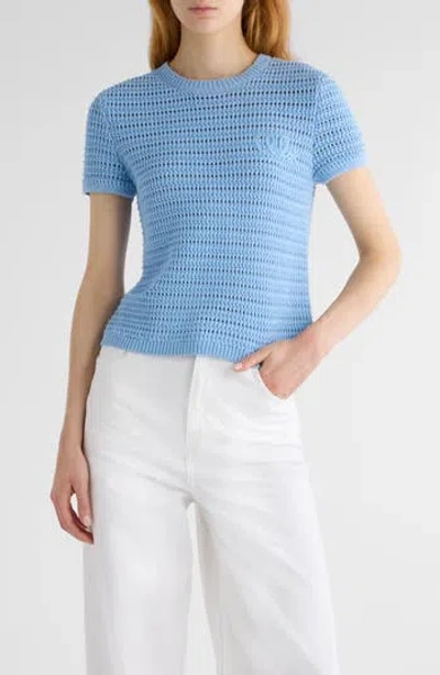 Chloé Open Knit Short Sleeve Organic Cotton Sweater In Blue