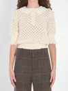 Chloé Open-knit Sweater With Lace Collar In Neutral