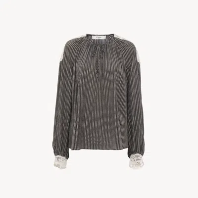 Chloé Open-neck Top In Crêpe De Chine & Lace Black Size 6 100% Silk, Pinctada Maxima, Farmed, Coo Australi